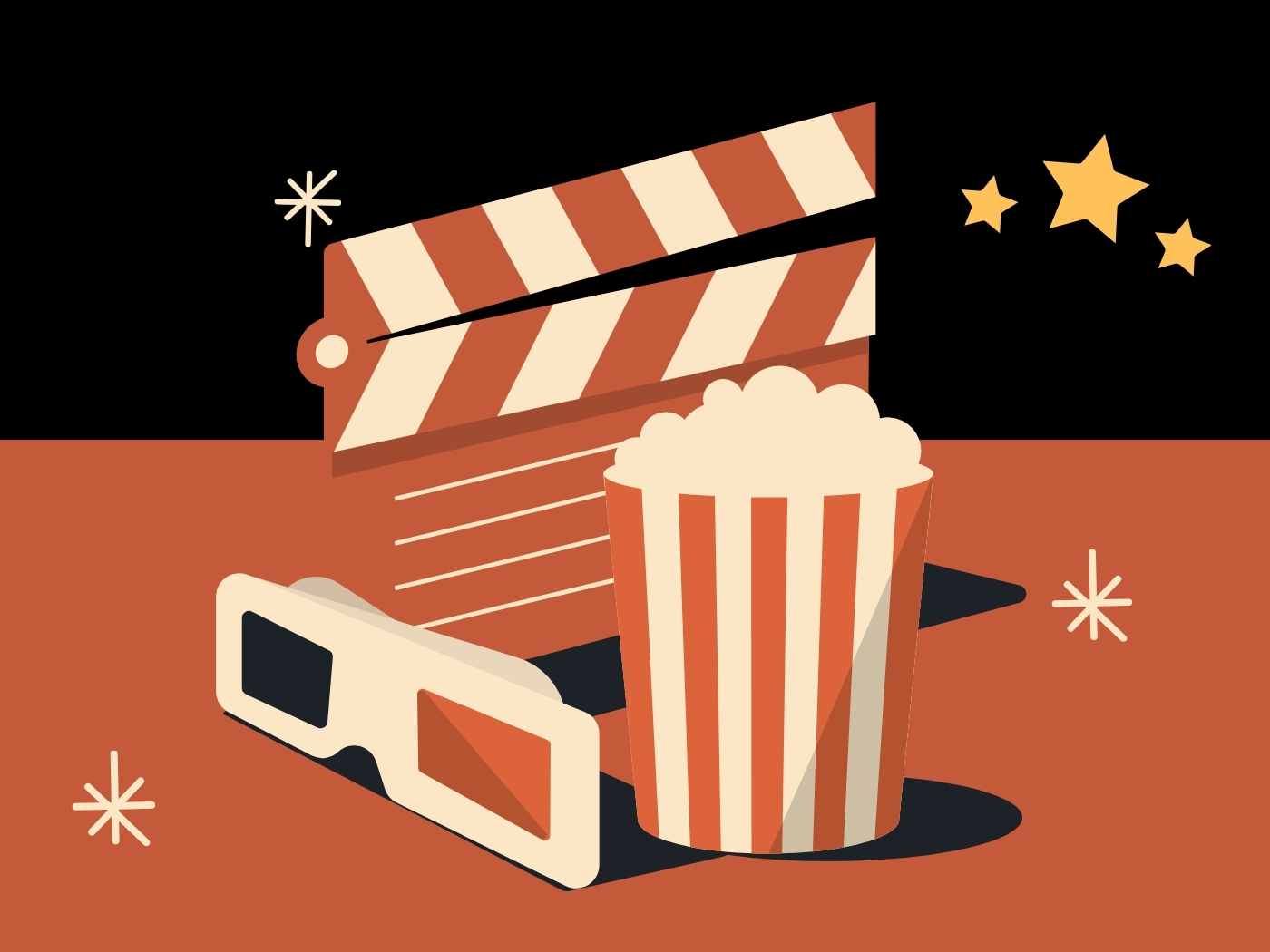 illustration avec un clap de cinéma, un pot de pop-corn et des lunettes 3D
